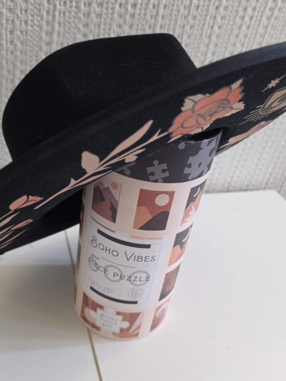 Black Wide Brim Western Hat Floral Celestial Under Brim Buckle Boho Cowboy Hat - Picture 3 of 12